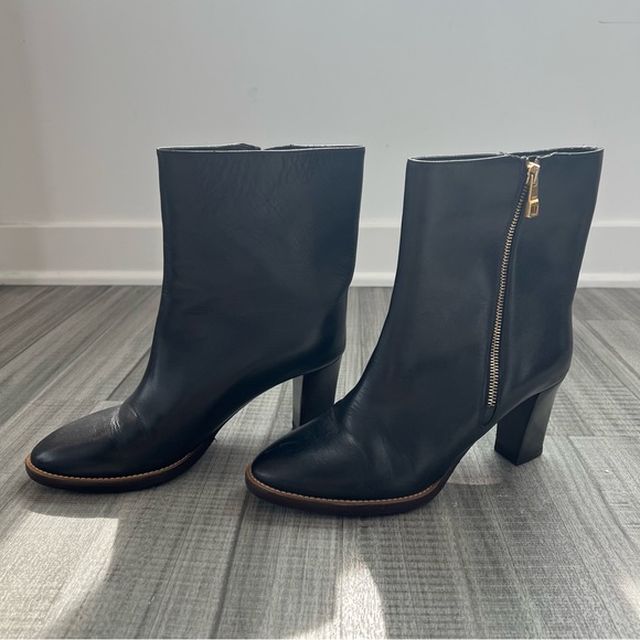 Chloe Black Leather Ankle Boots with Gold Zipper Accent - Picture 10 of 10